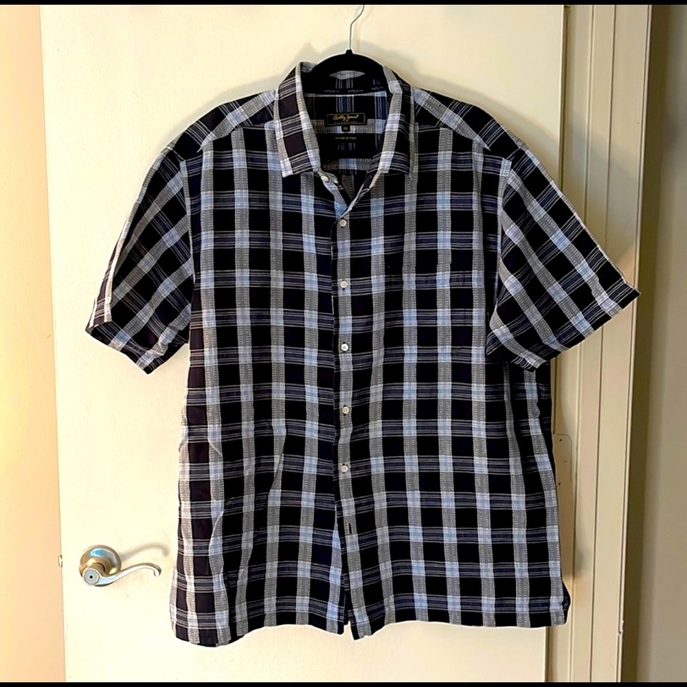 BOBBY JONES Mens Short Sleeve Blue Plaid Button Up XXL Shirt cotton/linen blend